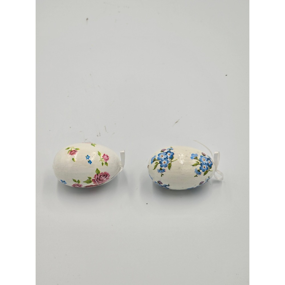 Vintage Style Floral Easter Egg Ornaments Set of 2 Pink Rose Blue Forget-Me-Not
